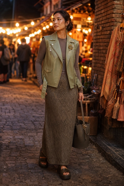 Olive Vest and Textured Maxi Skirt A woman wears an olive utility vest over a taupe long-sleeve top with a long textured maxi skirt, platform sandals, and a bucket handbag.
