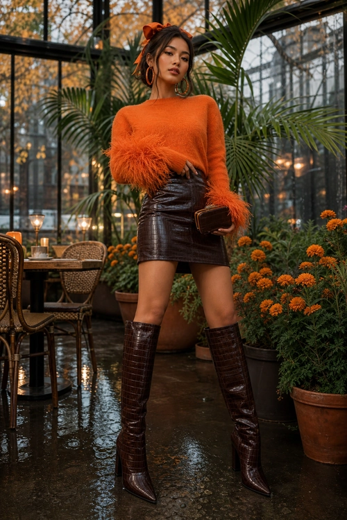 Woman wearing an orange feather-trim sweater with a dark brown mini skirt, knee-high boots, hoop earrings, hair bow, and clutch.