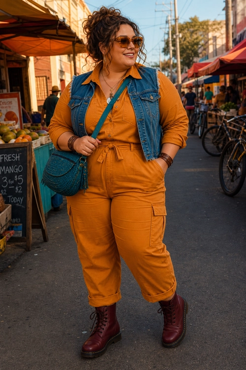 A person wears an orange utility jumpsuit with a sleeveless denim vest, burgundy lace-up boots, sunglasses, and a teal crossbody bag.