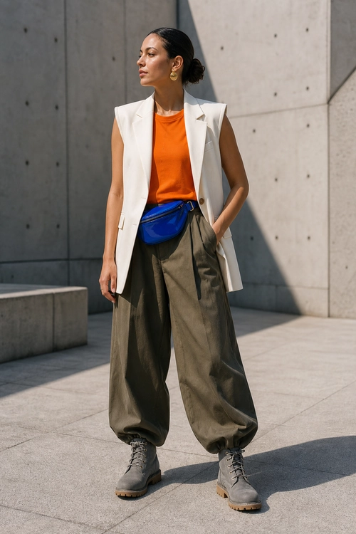 Orange Top with Utility Trousers A woman wears an orange sleeveless top, white tailored vest, olive utility trousers, blue waist bag, and gray lace-up boots.