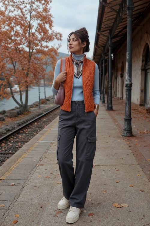 Casual outfit featuring an orange quilted vest over a light blue turtleneck sweater, dark gray cargo pants, and white sneakers.