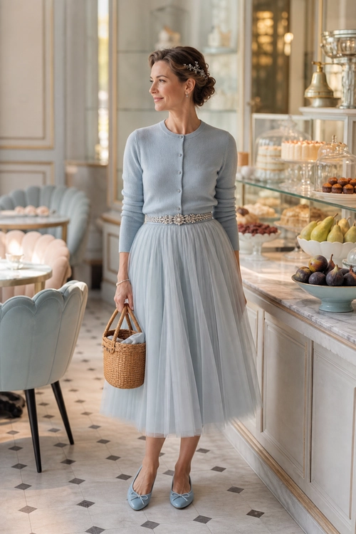 A woman wears a pale blue cardigan with a matching tulle midi skirt, embellished belt, blue flats, and a woven basket bag.