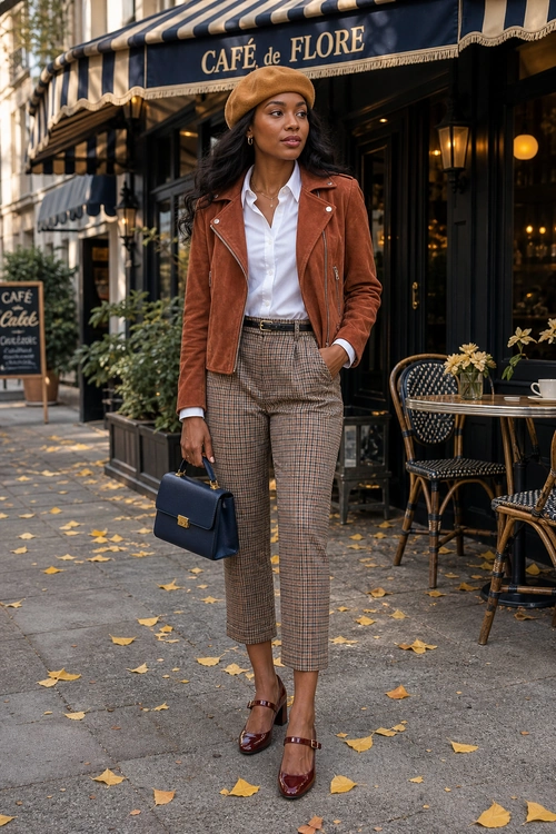 A woman wears a tan beret, rust moto jacket, white button-down shirt, plaid cropped trousers, burgundy heels, and a structured dark handbag outside a cafe.