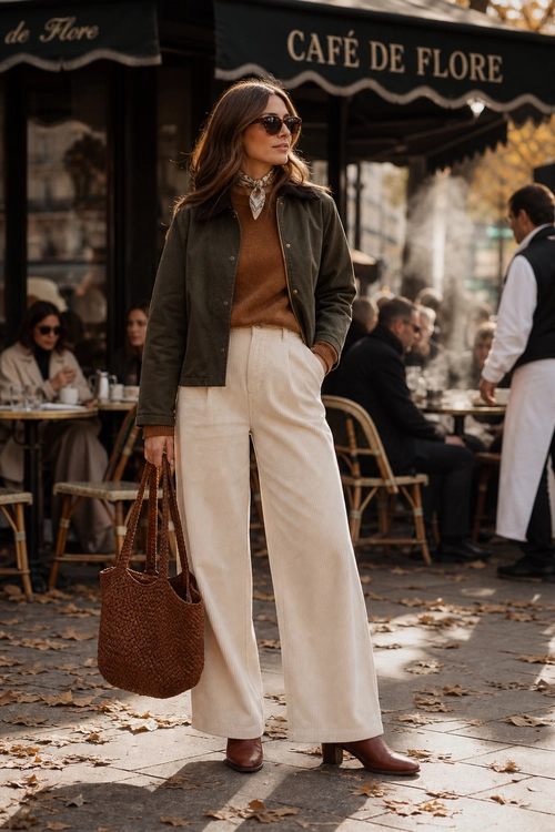 Woman wearing an olive jacket, brown sweater, cream wide-leg trousers, scarf, sunglasses, woven tote, and brown boots outside a café.