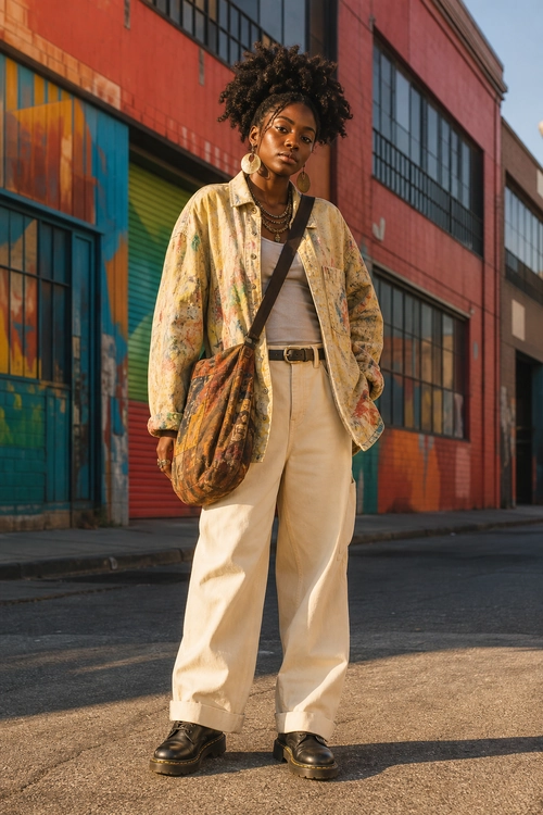 Patterned Jacket with Wide-Leg Trousers A person wears a patterned button-up jacket over a neutral top with cream wide-leg trousers, black shoes, and a crossbody bag.