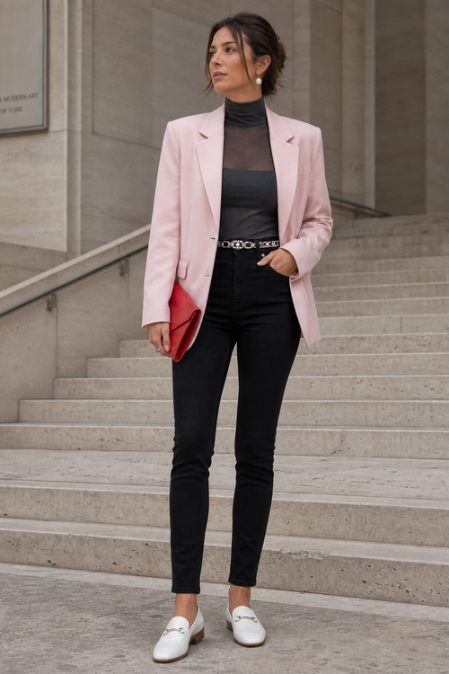 Pink Blazer with Black Turtleneck Outfit A woman wears a pale pink blazer over a black high-neck top with black slim-fit pants, a chain belt, red clutch, and white loafers.