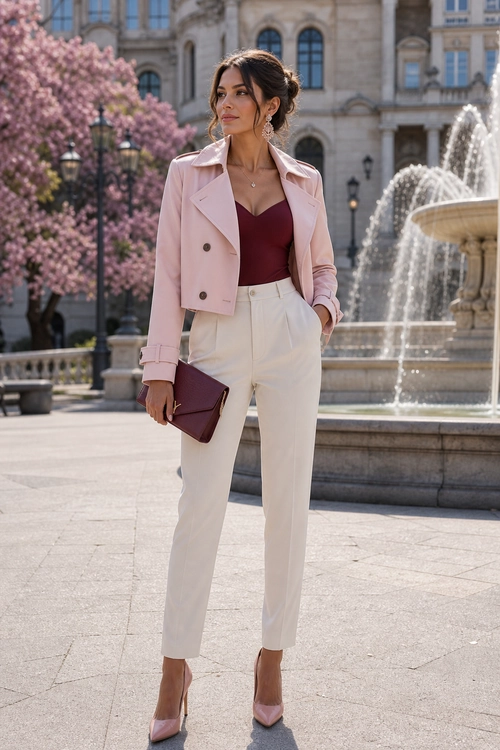 A woman wears a cropped pink blazer over a burgundy top with cream trousers, pink pointed heels, and a matching burgundy clutch.
