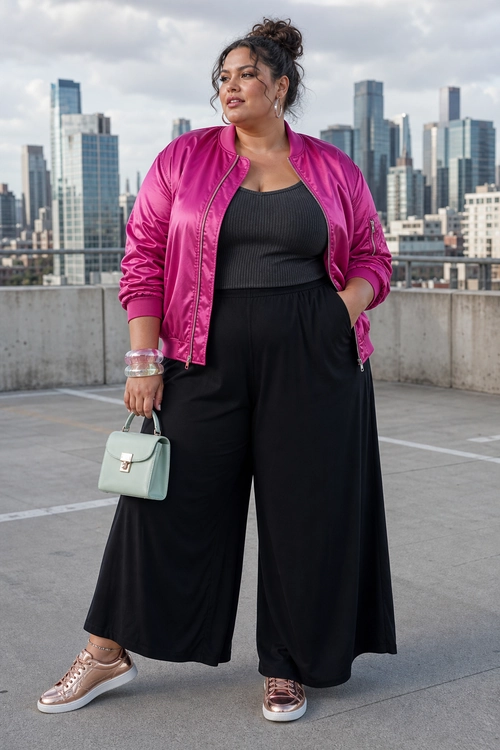 A woman wears a bright pink bomber jacket over a black ribbed top and wide-leg black trousers with metallic sneakers and a mint green handbag.