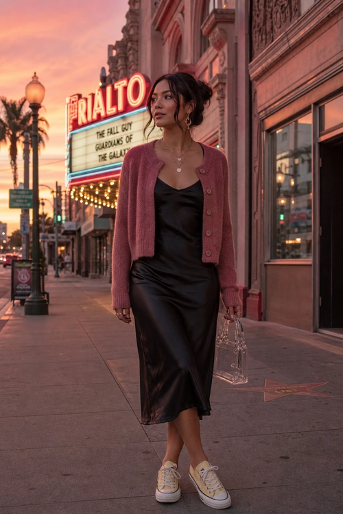 A woman wears a cropped pink cardigan over a black satin midi dress with cream sneakers and carries a transparent handbag on a city sidewalk.