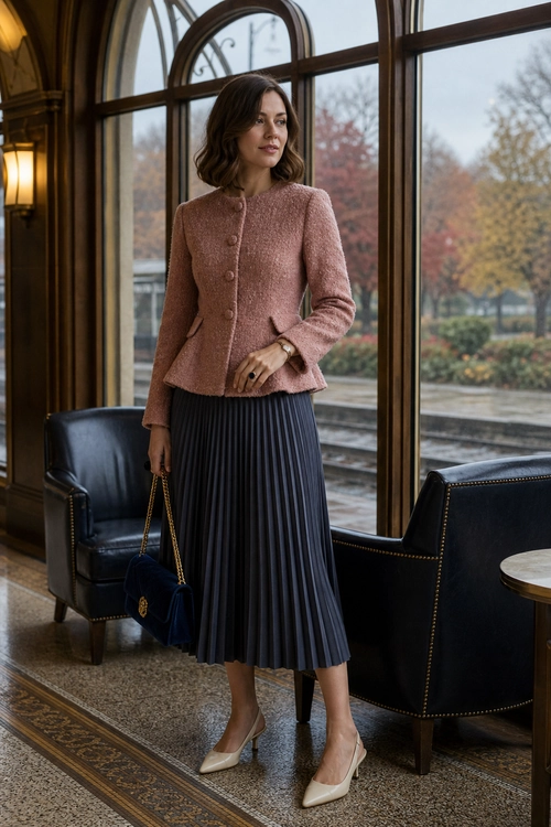 Pink Jacket and Pleated Skirt Outfit Woman wearing a textured pink buttoned jacket, navy pleated midi skirt, cream pointed heels, and a small navy chain-strap bag.