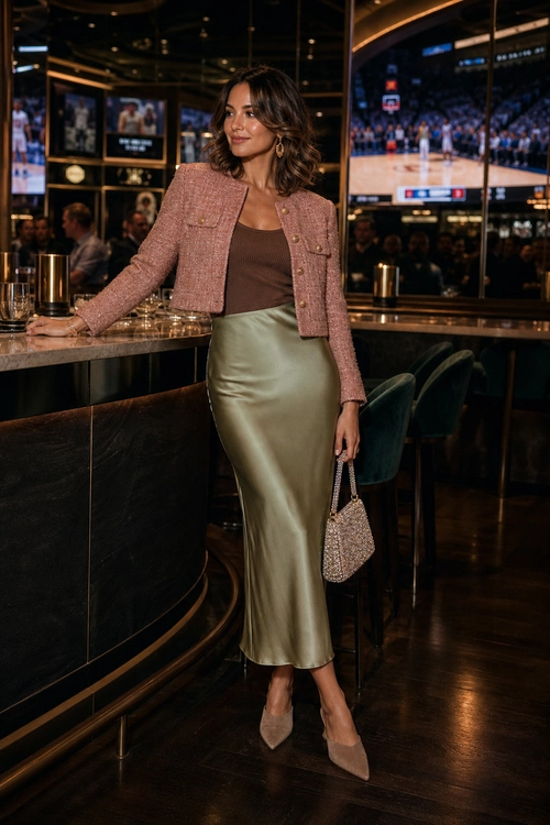 Woman wearing a cropped pink textured jacket, brown top, sage satin midi skirt, taupe pointed pumps, and a small embellished handbag.