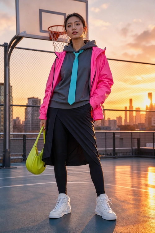 Pink Jacket and Tie Streetwear Outfit A layered streetwear outfit featuring a bright pink jacket, charcoal hoodie, turquoise tie, black draped skirt over leggings, white high-top sneakers, and a lime green bag.