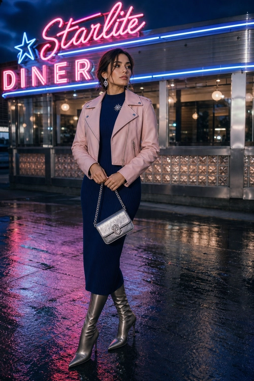 A woman wears a pink leather jacket over a navy midi dress with metallic silver knee-high boots and a chain-strap shoulder bag.