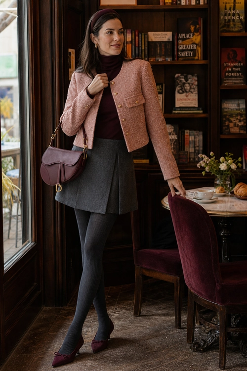 Pink Tweed and Burgundy A woman wears a pink tweed cropped jacket with a burgundy turtleneck, gray pleated mini skirt, gray tights, burgundy flats, and a burgundy shoulder bag.