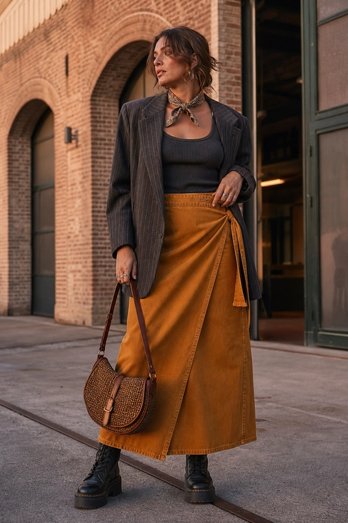 Pinstripe Blazer with Mustard Wrap Skirt A woman wears a charcoal pinstripe blazer over a black ribbed tank top with a mustard wrap midi skirt, black ankle boots, a neck scarf, and a brown shoulder bag.