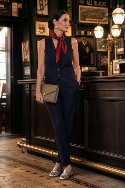 A woman wears a navy pinstripe sleeveless vest with matching trousers, a burgundy neck scarf, a neutral clutch, and metallic loafers.
