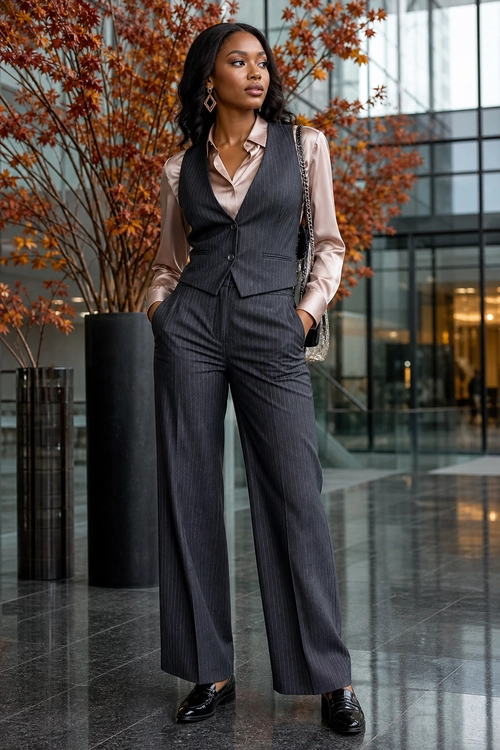 Pinstripe Vest and Wide-Leg Trousers A woman wears a charcoal pinstripe vest and wide-leg trousers with a blush satin blouse, black loafers, earrings, and a chain-strap shoulder bag.