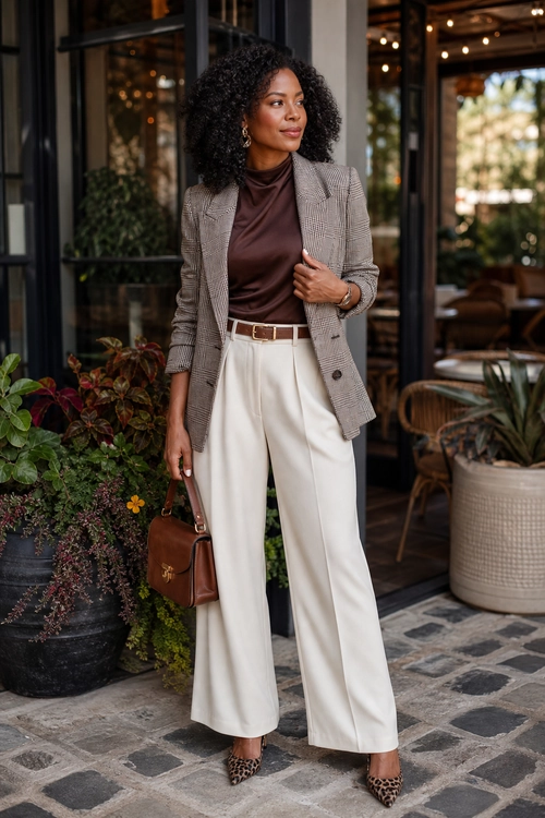 A woman wears a plaid blazer over a dark brown turtleneck with cream wide-leg trousers, a brown belt, a brown handbag, and leopard print heels.