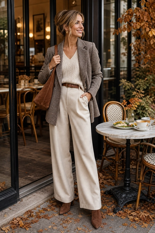 Plaid Blazer and Cream Trousers A woman wears a plaid blazer over a cream knit top with cream wide-leg trousers, a brown belt, brown ankle boots, and a brown shoulder bag.