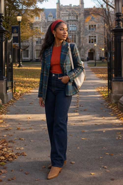 Plaid Blazer and Wide-Leg Jeans Outfit A woman wears a teal plaid blazer over a red knit top with dark wide-leg jeans, tan pointed boots, and a cream shoulder bag.