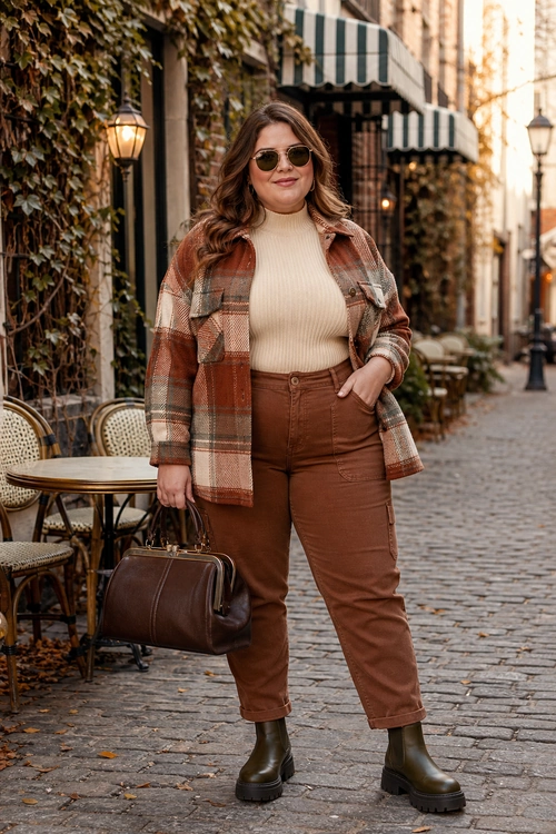 Plaid Jacket and Brown Pants A woman wears a rust plaid jacket over a cream turtleneck with brown pants, olive ankle boots, sunglasses, and a brown handbag.