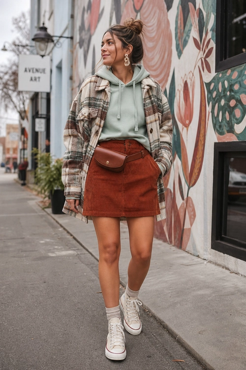 Plaid Jacket and Corduroy Skirt Outfit Casual outfit featuring a mint green hoodie, plaid jacket, rust corduroy skirt, brown waist bag, white socks, and white high-top sneakers.