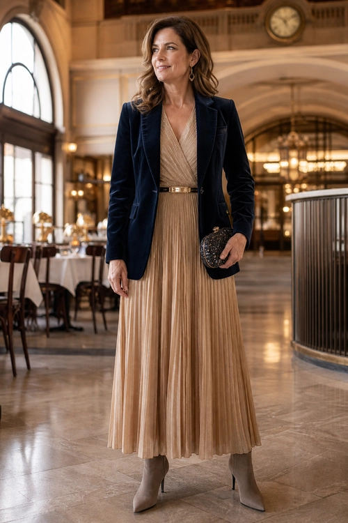 A champagne pleated dress styled with a dark velvet blazer, slim belt, taupe ankle boots, drop earrings, and an embellished clutch.