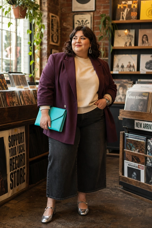 A woman wears a plum blazer over a beige top with dark denim culottes, metallic flats, and a turquoise clutch.