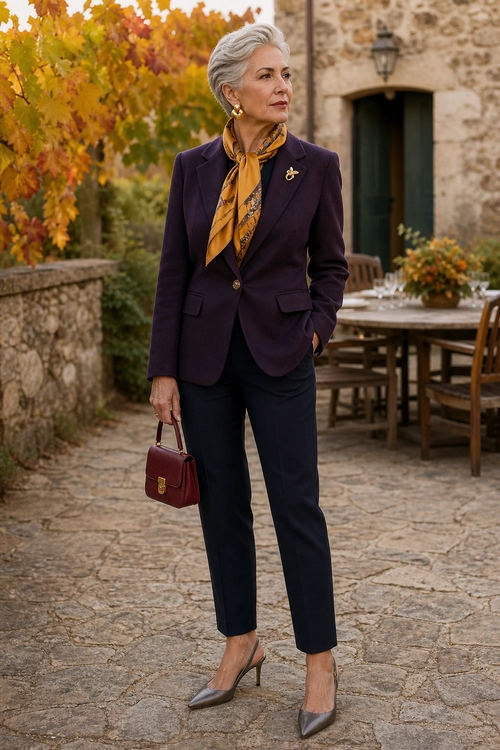A woman wears a deep plum blazer with dark trousers, a mustard patterned neck scarf, gold jewelry, a burgundy top-handle bag, and pointed metallic heels.