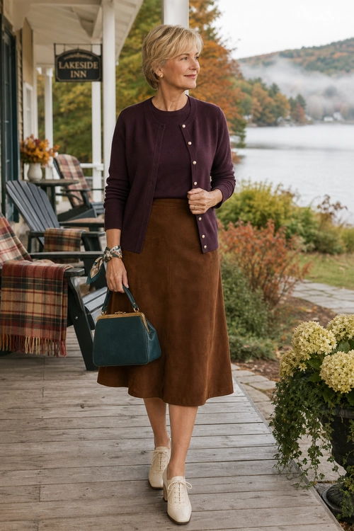 Plum Cardigan and Brown Midi Skirt A woman wears a plum cardigan and top with a brown midi skirt, cream lace-up shoes, and a teal top-handle bag.