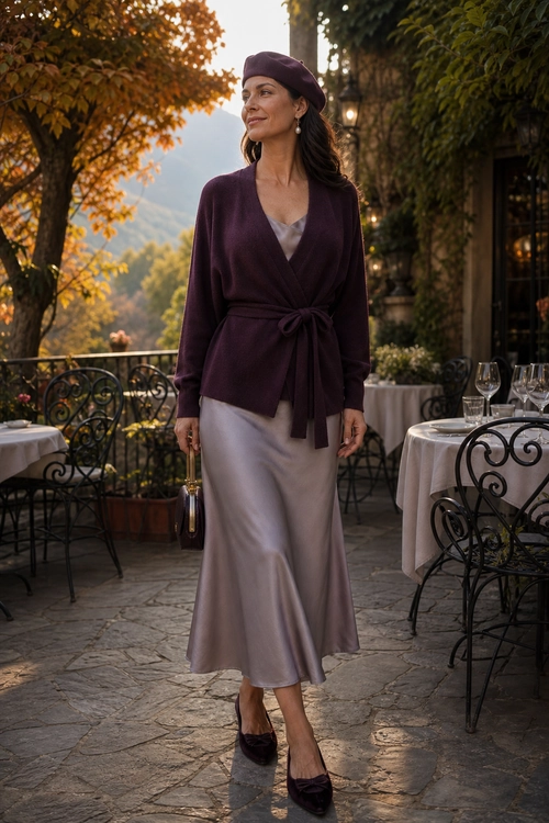 Plum Cardigan and Satin Dress Woman wearing a plum beret and wrap cardigan over a mauve satin midi dress with dark heels.