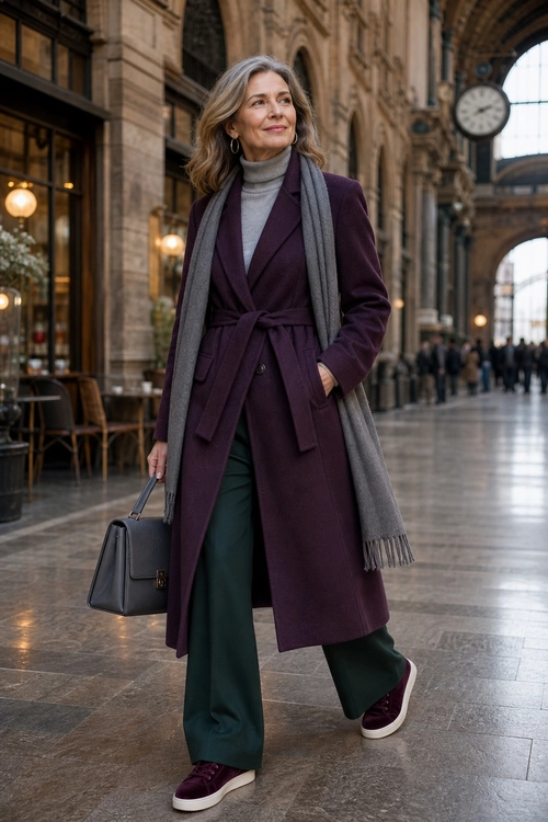 A woman wears a plum belted coat with a gray turtleneck, gray scarf, dark green wide-leg trousers, burgundy sneakers, and a gray handbag.