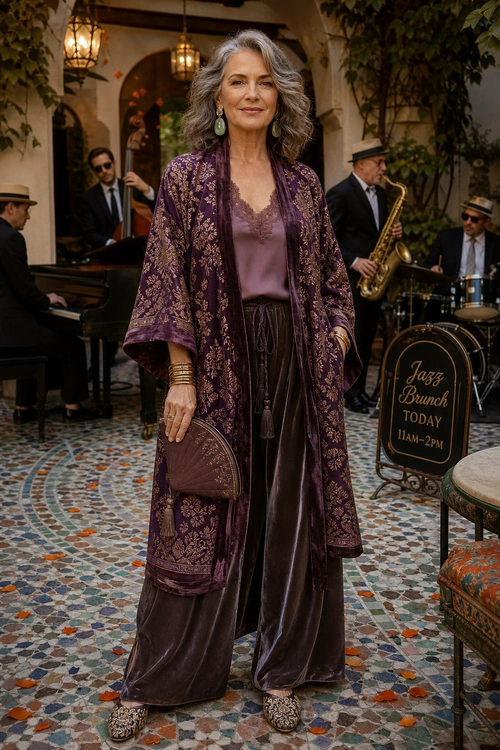 A woman wears a plum embroidered kimono-style duster over a mauve lace-trim camisole and wide-leg velvet pants with a clutch and patterned flats.