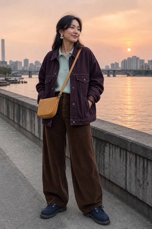 Relaxed Plum Jacket Outfit A layered casual outfit featuring a plum jacket, mint green collared shirt, brown wide-leg corduroy pants, dark lace-up shoes, and a tan crossbody bag.
