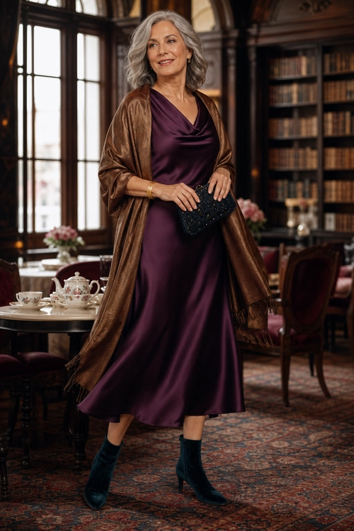 Woman wearing a plum satin midi dress with a bronze shawl, dark ankle boots, and a black embellished clutch.