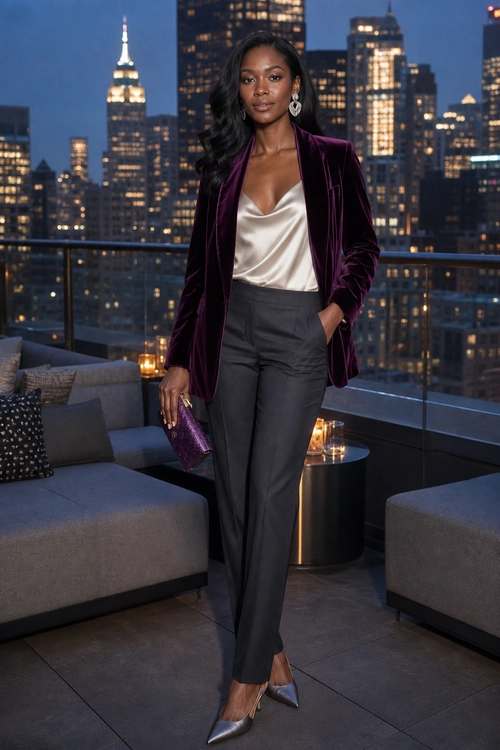 Plum Velvet Blazer Evening Look Woman wearing a plum velvet blazer over an ivory satin top with charcoal trousers, pointed heels, and a matching clutch.