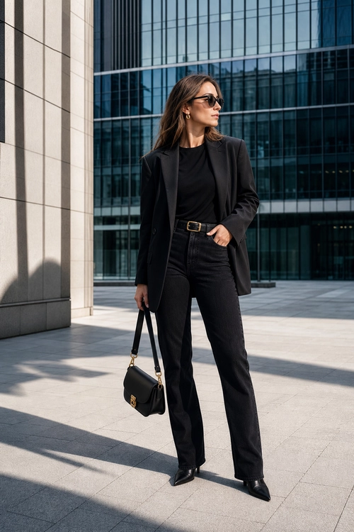 Polished All-Black City Look A woman wears a black blazer, black top, wide-leg trousers, pointed shoes, sunglasses, and carries a black handbag outside a modern office building.