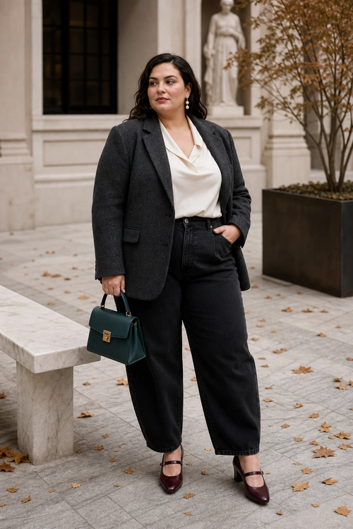 Polished Blazer and Wide-Leg Pants A woman wears a dark gray blazer over a cream blouse with black wide-leg pants, burgundy heels, pearl earrings, and a structured green handbag.