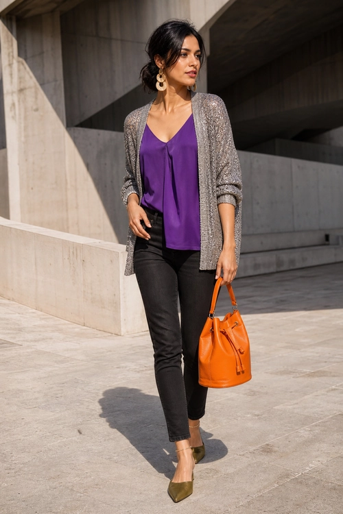 Purple Blouse with Gray Cardigan Woman wearing a purple V-neck blouse, textured gray cardigan, black pants, pointed olive shoes, and carrying an orange bucket bag.