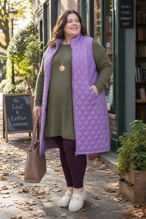 Purple Quilted Vest Outfit A layered outfit featuring a purple quilted longline vest over an olive green tunic sweater, dark purple leggings, cream platform loafers, and a brown tote bag.