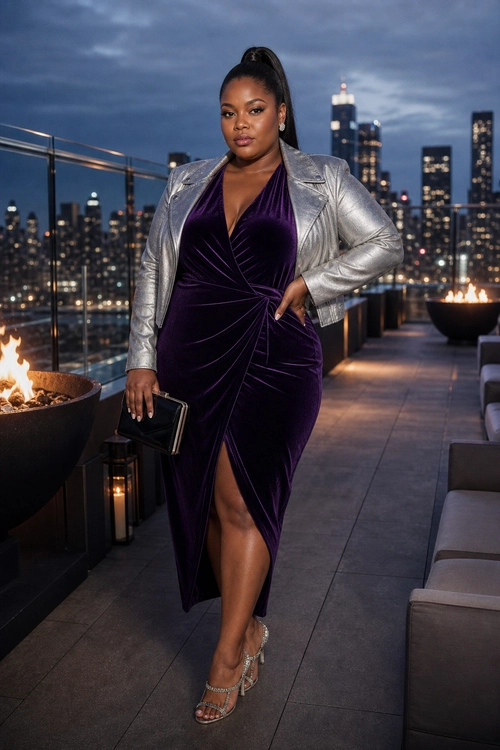 Purple Velvet Evening Outfit A woman wears a deep purple velvet wrap dress with a silver moto jacket, black clutch, and strappy metallic heels.
