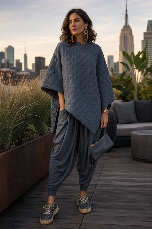 Quilted Gray Poncho Outfit Woman wearing a charcoal gray quilted poncho with draped harem pants, lace-up platform shoes, earrings, a watch, and a structured shoulder bag.