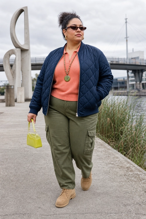 A person wears a navy quilted jacket over a coral knit top with olive cargo pants, tan ankle boots, sunglasses, and a bright yellow handbag.