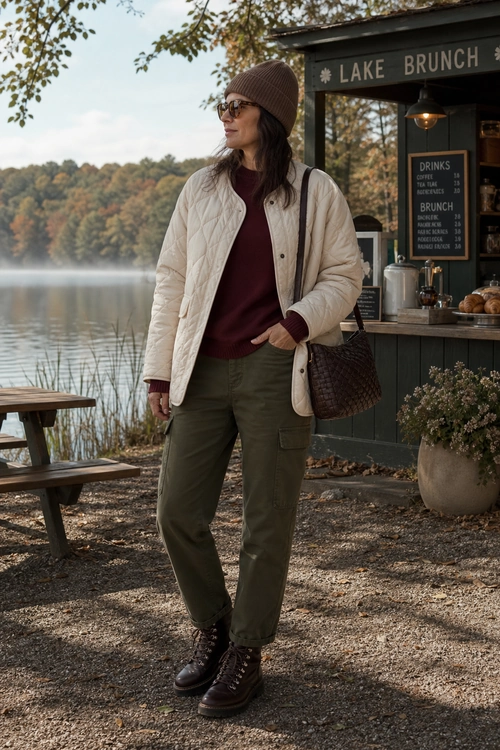 A woman wears a cream quilted jacket with a burgundy sweater, olive cargo pants, brown boots, a knit beanie, sunglasses, and a shoulder bag by a lakeside brunch stand.