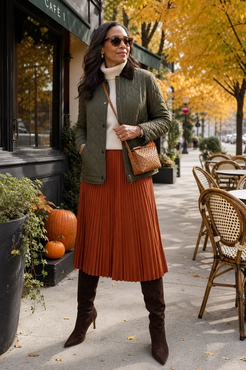 A woman wears an olive quilted jacket over a cream turtleneck with a rust pleated midi skirt, brown knee-high boots, sunglasses, and a woven brown crossbody bag.