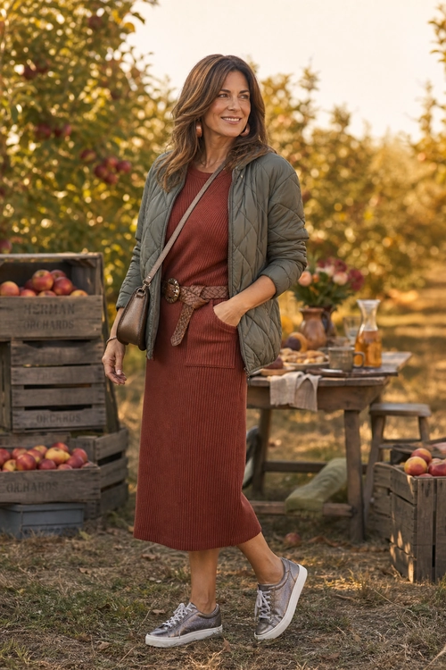 Woman wearing an olive quilted jacket over a rust ribbed midi dress with a belt, crossbody bag, and gray sneakers.