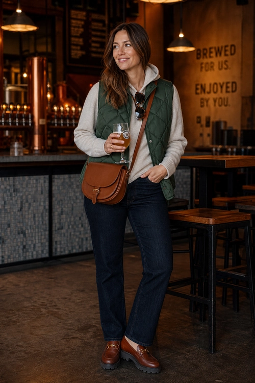 A woman wears a dark green quilted vest over a light hoodie with dark jeans, brown loafers, and a brown crossbody bag.