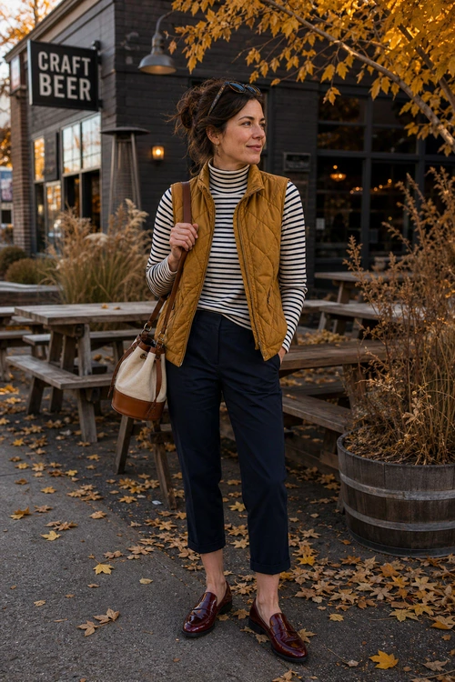 Quilted Vest and Stripes Woman wearing a mustard quilted vest over a black and white striped turtleneck with navy cropped trousers and burgundy loafers.