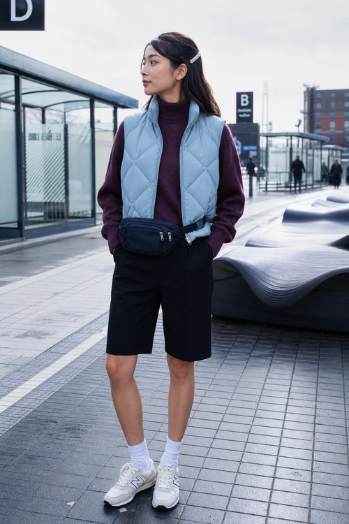 Quilted Vest and Tailored Shorts Outfit Person wearing a burgundy turtleneck, light blue quilted vest, black shorts, waist bag, white socks, and white sneakers.
