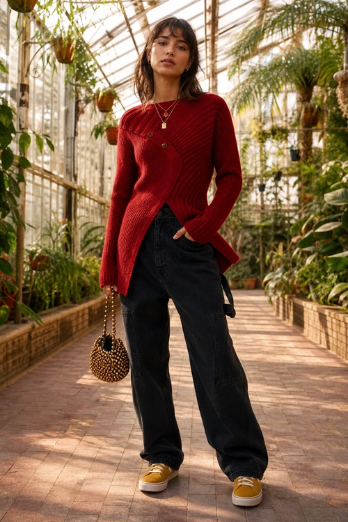 A woman wears a red knit cardigan with black wide-leg trousers, mustard yellow sneakers, and a beaded handbag in a sunlit conservatory.